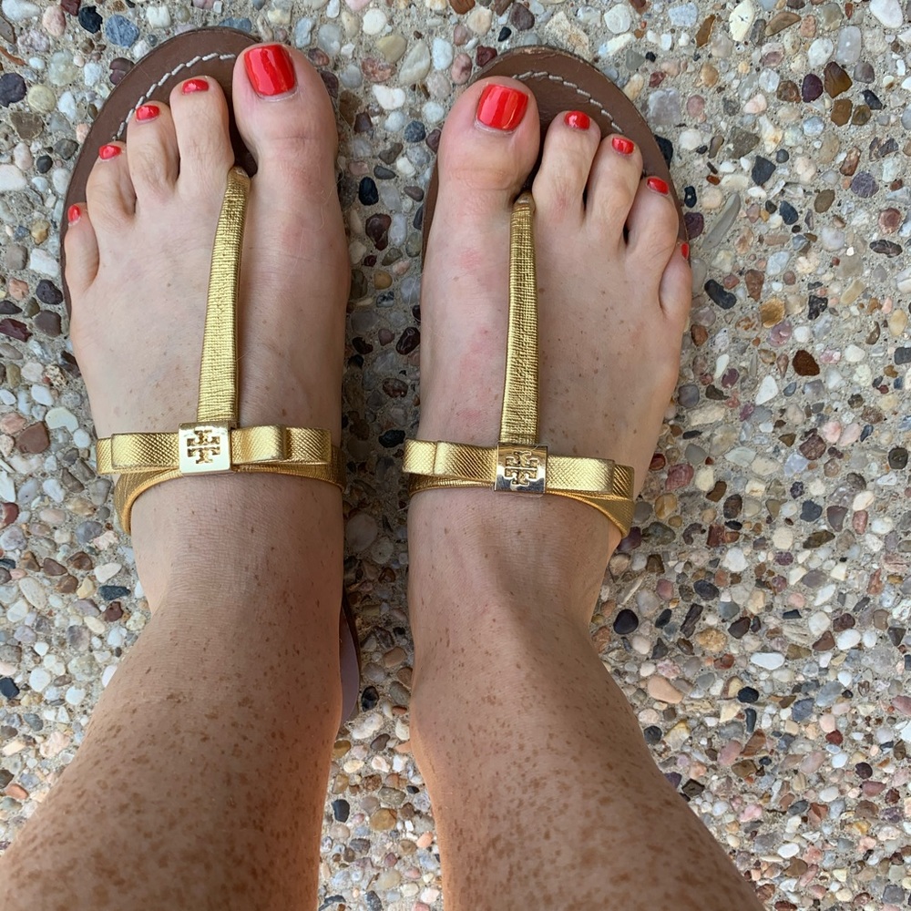 Tory Burch Gold Leather T-Strap Sandals